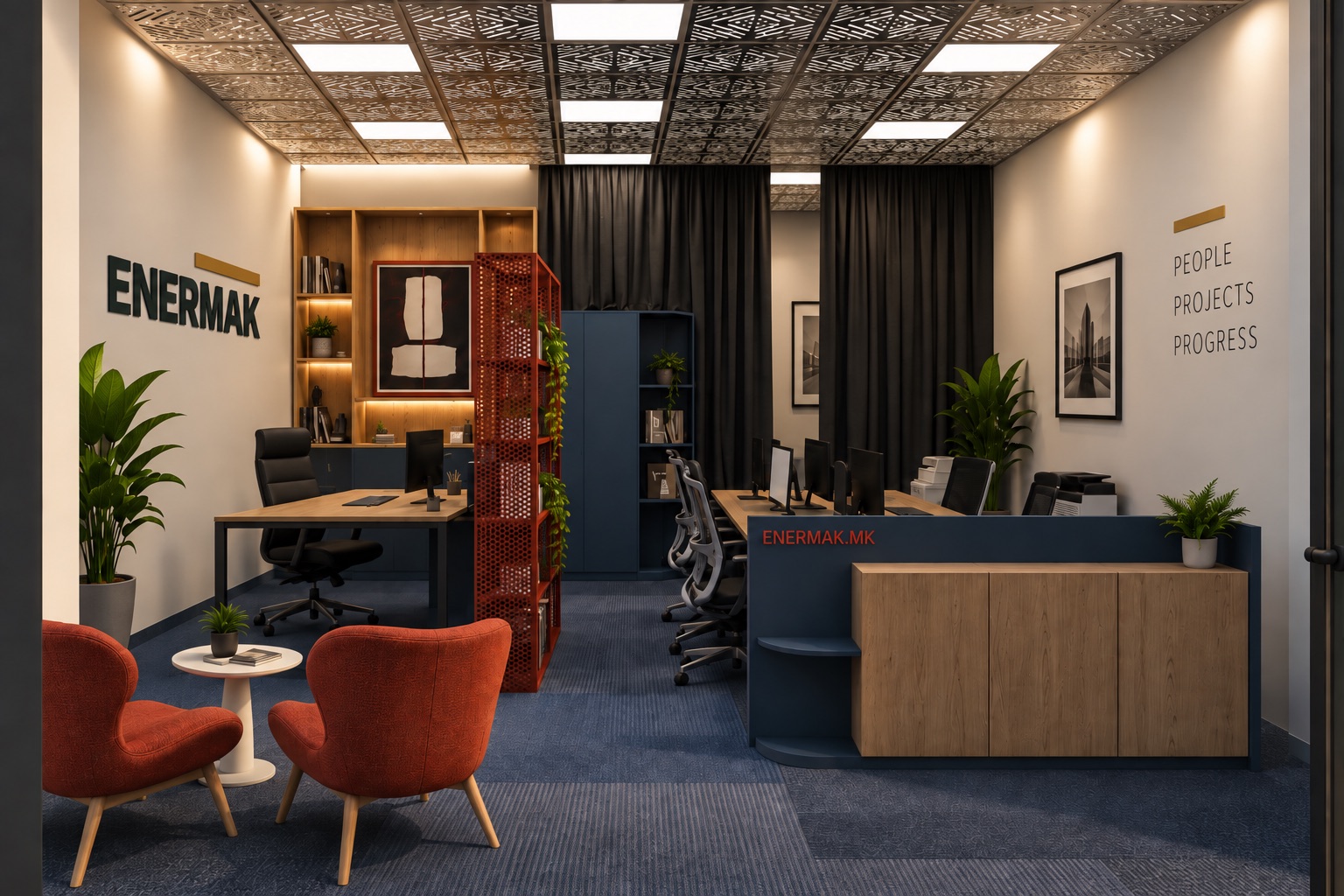 Enermak open-plan office with desks, shelving and a lounge corner